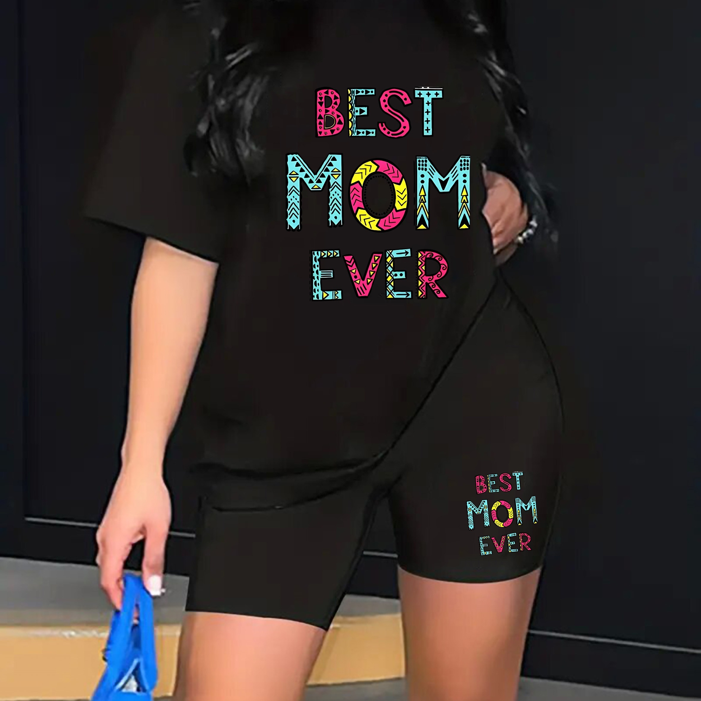 

Best Mom Letter Print Casual Two-pieces, Short Sleeve Crew Neck T-shirt & Skinny Shorts Outfits, Women's Clothing