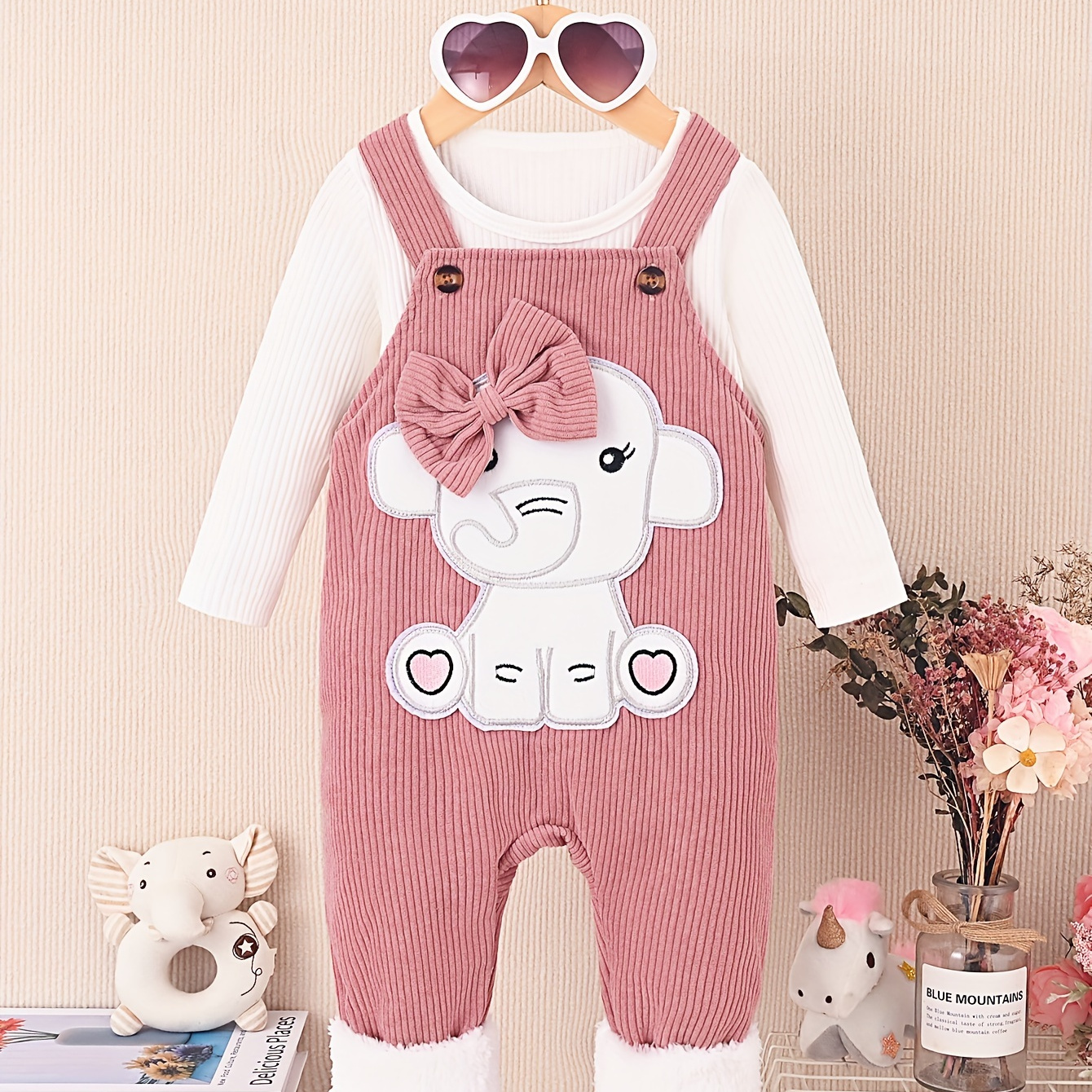 

2pcs 's Bow Decor Embroidery Overalls + Ribbed Long Top, Toddler & Infant Girl's Set For