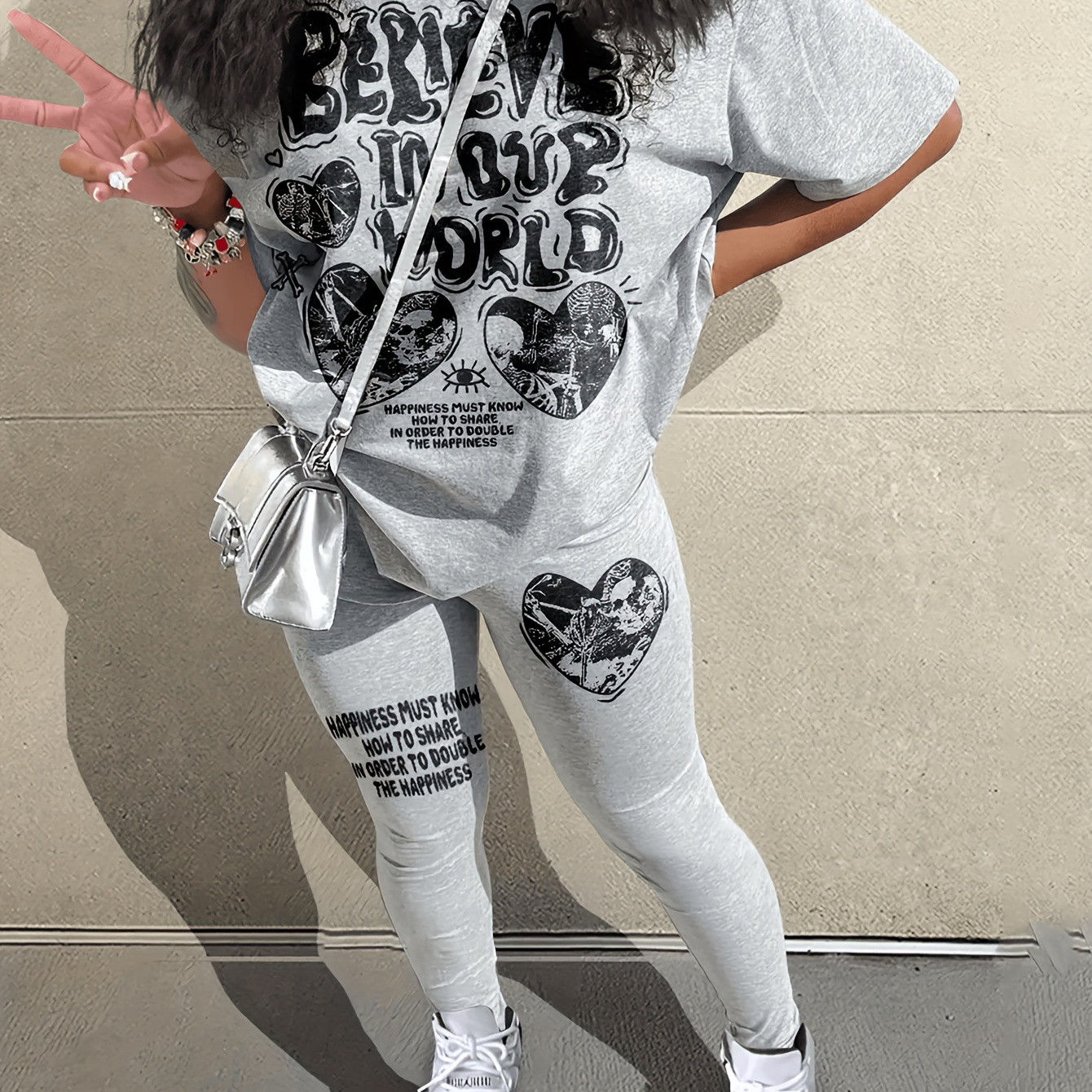 

Chic Letter Print Women's T-shirt & Pants Set - Stretchy Polyester , Machine Washable, Round Neck - All