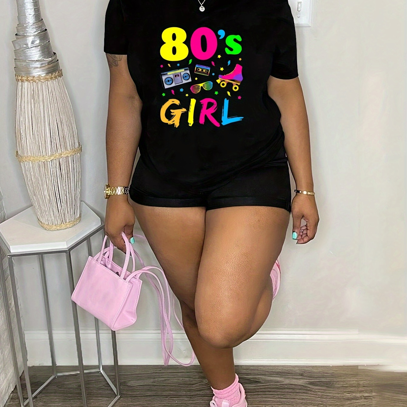 

Plus Size 80's Girl Print T-shirt, Casual Crew Neck Short Sleeve T-shirt, Women's Plus Size clothing