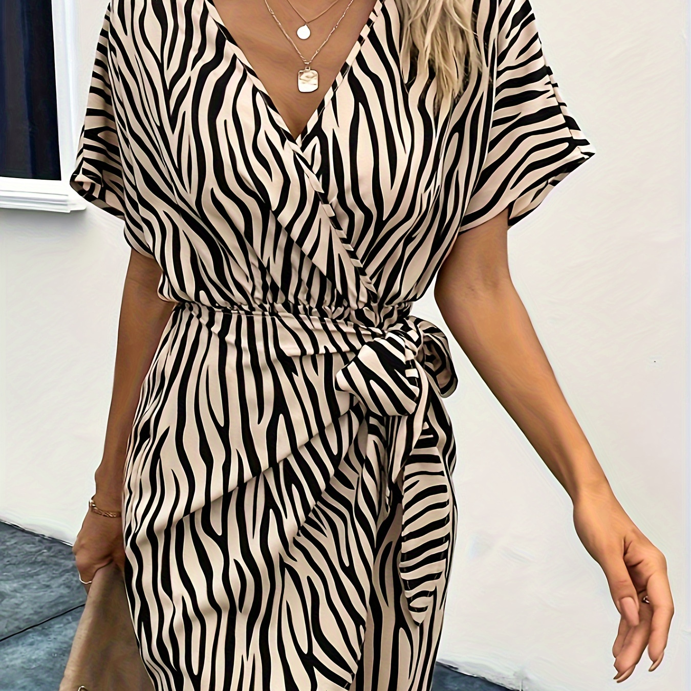 

Zebra Pattern Surplice Neck Dress, Elegant Short Sleeve Wrap Hem Tie Side Dress For , Women's Clothing