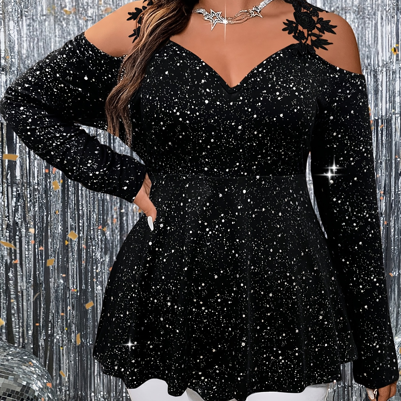 

Size Off-shoulder Lace Strap Long Sleeve Top With Sparkling Starry Print - Stretchy, Machine Washable Knit For Evening Parties