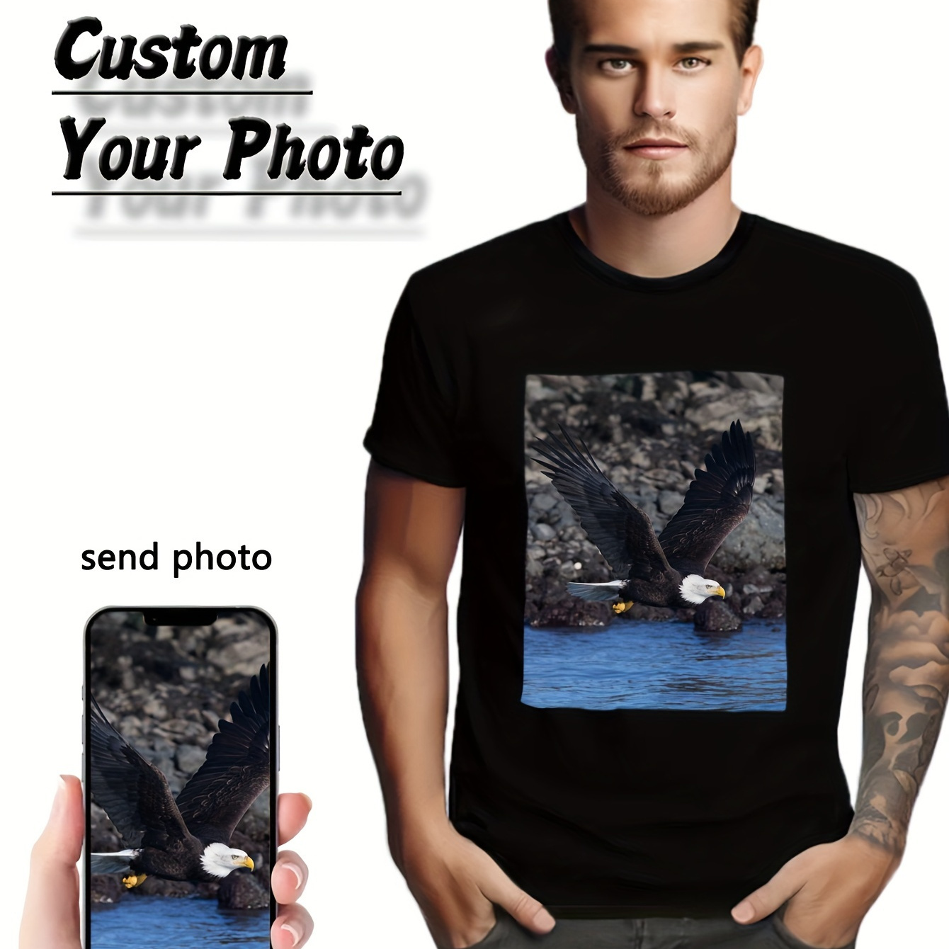 

1pc Men's Custom Eagle T-shirt - Diy Animal Print Graphic, Stylish Short Sleeve Cotton Tee For Summer Outdoor, Personalized Design, Running & Casual Wear