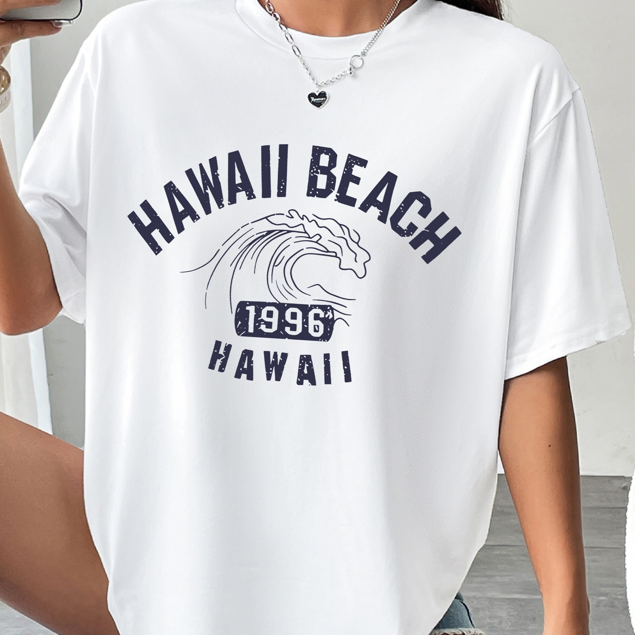 

Hawaii Beach Print Drop Shoulder T-shirt, Short Sleeve Crew Neck Casual Top For Spring & Summer, Women's Clothing