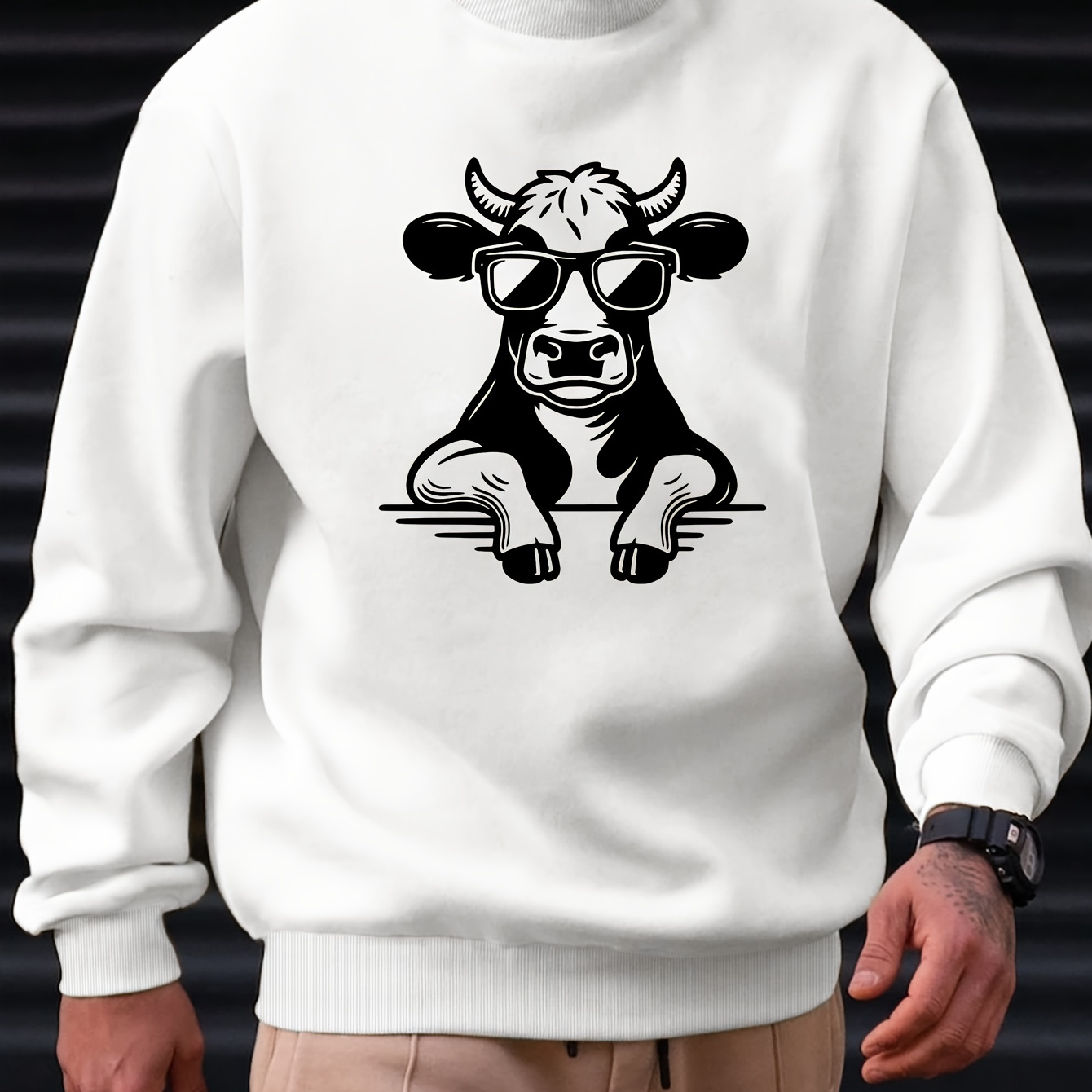 

Men's Casual Crew Neck Sweatshirt With Sunglass-wearing Cow Geometric Print - 100% Polyester Knit Fabric With Slight Stretch, Regular Fit Active Pullover