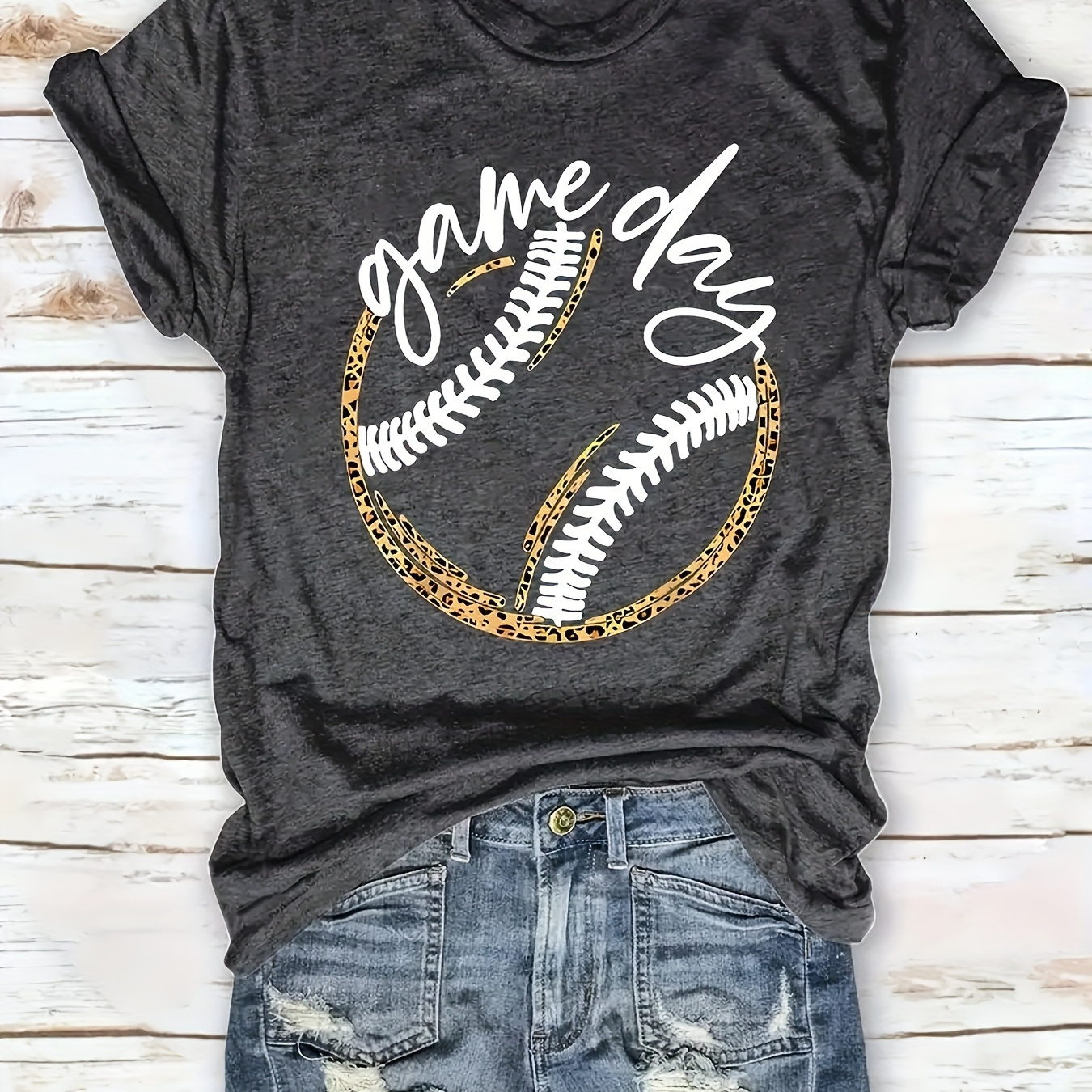 

Game Day Baseball Print T-shirt, Short Sleeve Crew Neck Casual Top For Summer & Spring, Women's Clothing