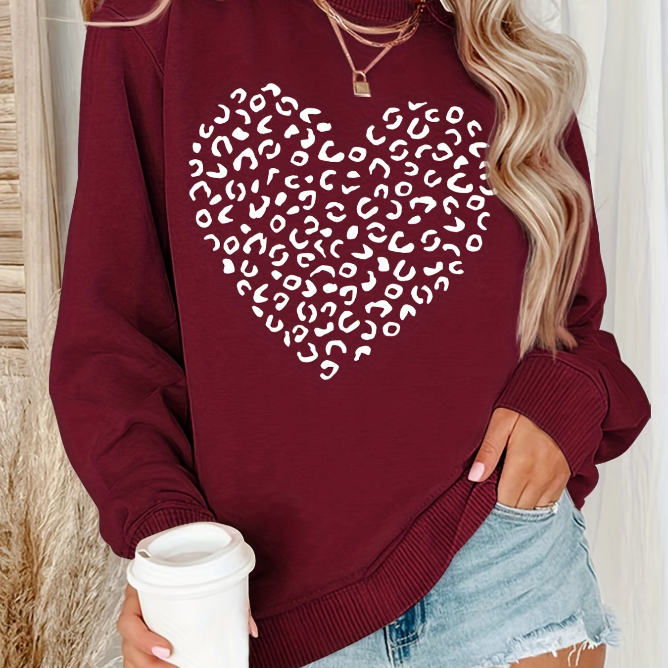 Heart Print Pullover Sweatshirt, Casual Long Sleeve Crew Neck Sweatshirt  For Spring & Fall, Women's Clothing - Temu Germany