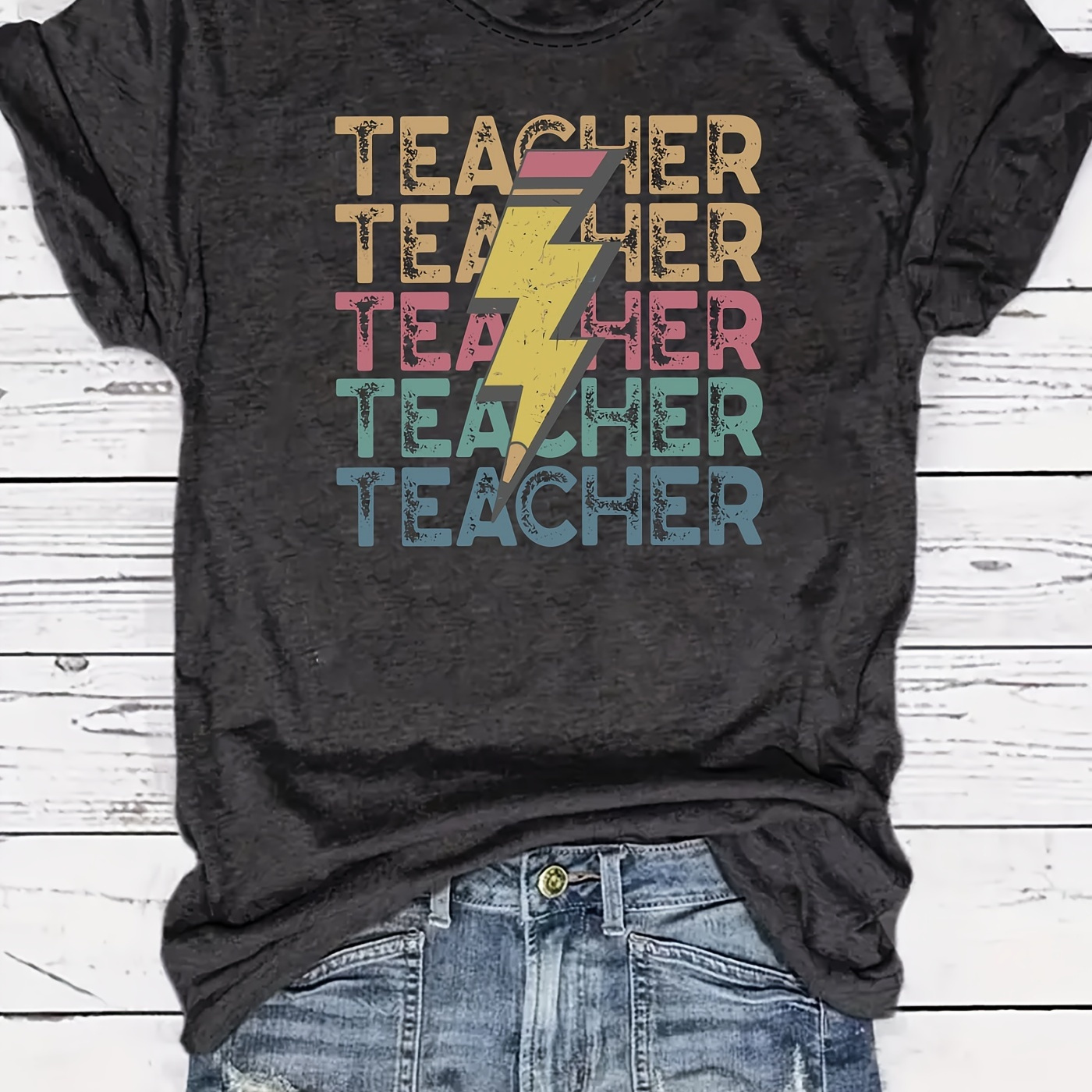 

Plus Size Teacher Print Crew Neck T-shirt, Casual Short Sleeve T-shirt For Spring & Summer, Women's Plus Size Clothing