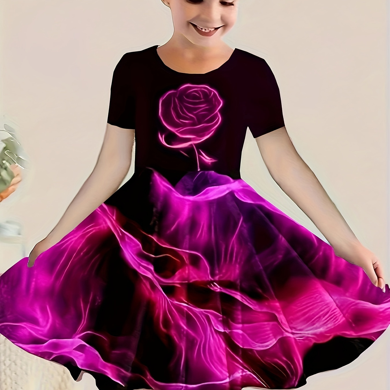 

3d Rose Flower Print Crew Neck Short Sleeve Dress For Girls Summer Party Gift