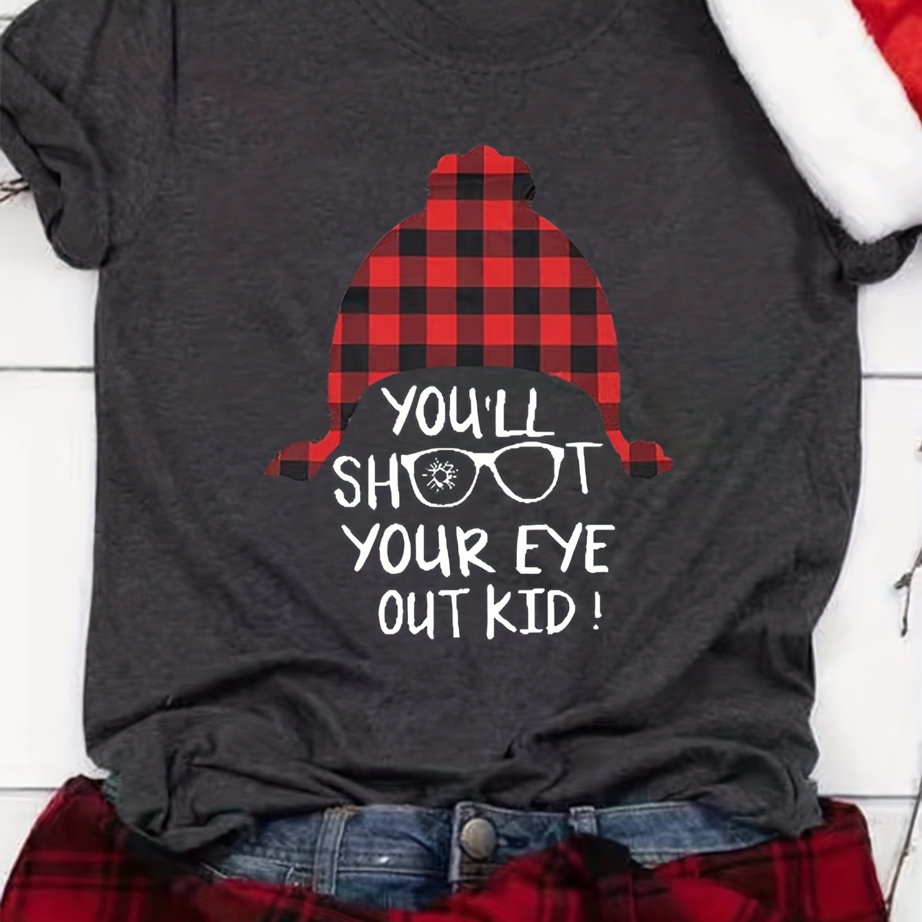 

Plaid Hat & Letter Print T-shirt, Casual Short Sleeve Top For Spring & Summer, Women's Clothing