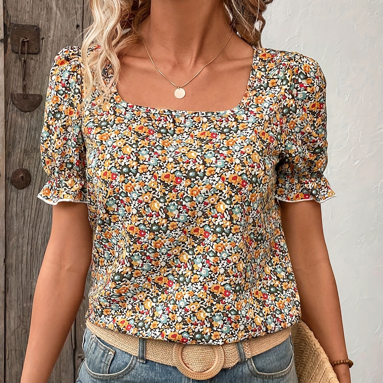 

Floral Print Square Neck Blouse, Vacation Style Puff Sleeve Top For Spring & Summer, Women's Clothing