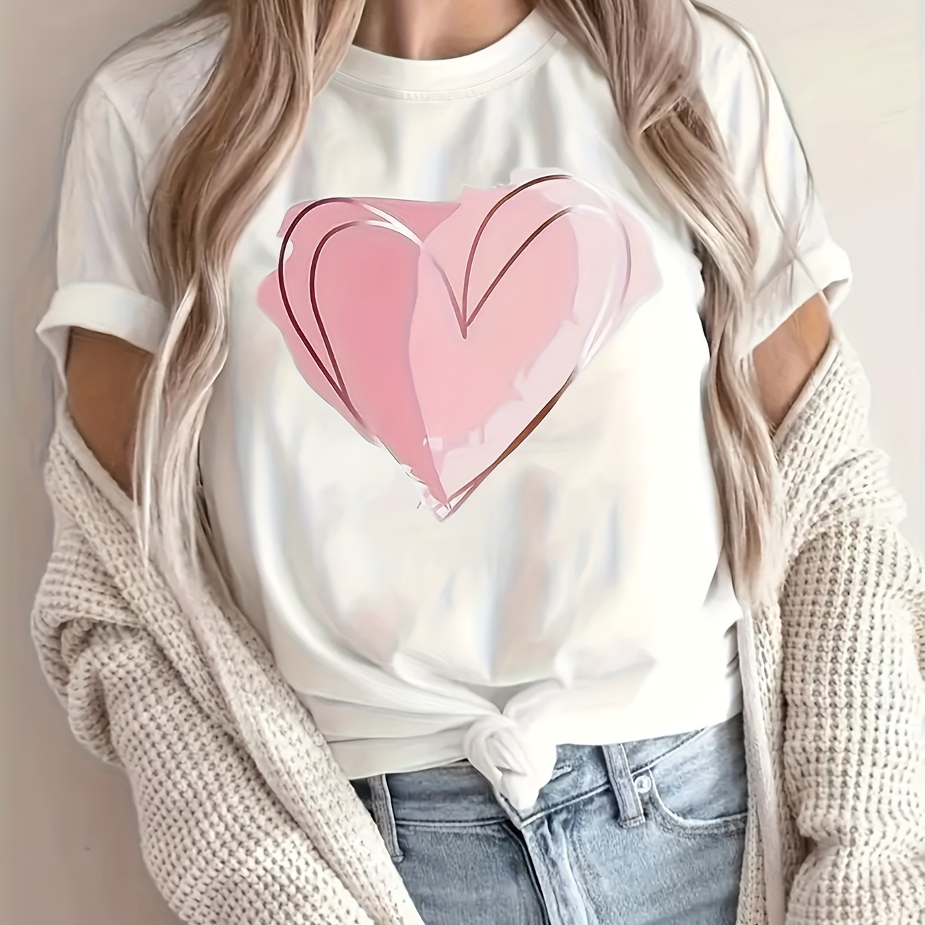 

Heart Print Crew Neck T-shirt, Casual Short Sleeve T-shirt For Spring & Summer, Women's Clothing