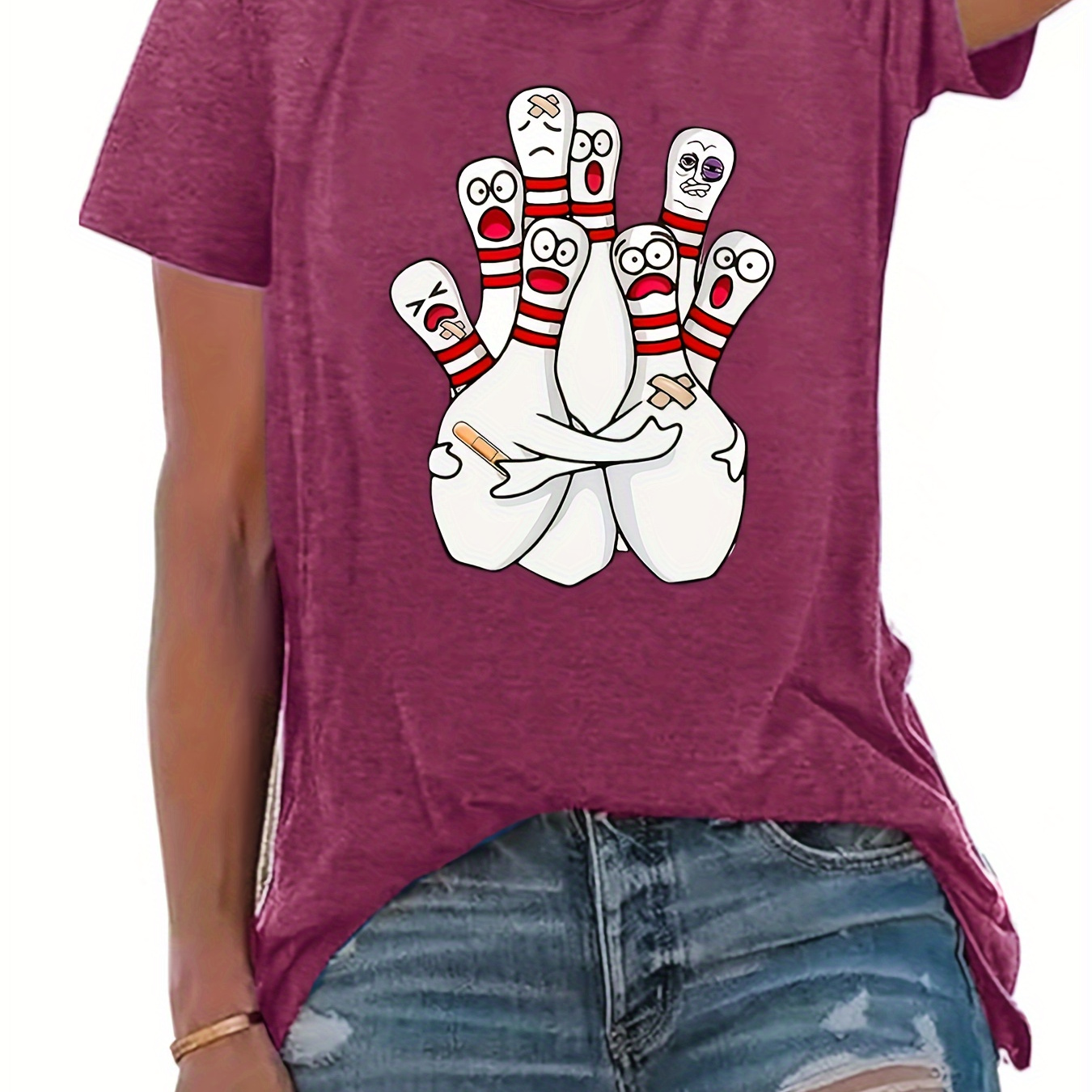 

[casual Outing] Women's Soft & Comfortable Bowling Graphic T-shirt - Casual Round Neck Tee With Fun Printed Design, Maroon Color, Casual Attire