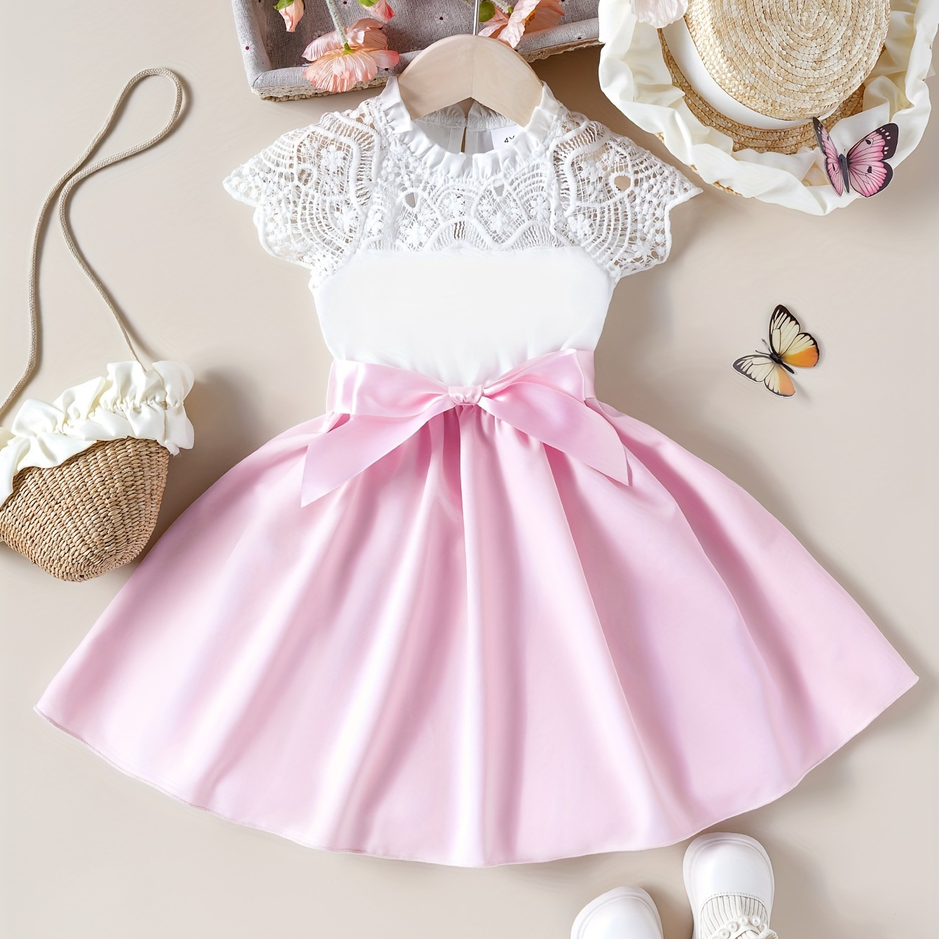 

Lady Style Girls Lace Panel Collar Spliced A-line Princess Dress With Belt