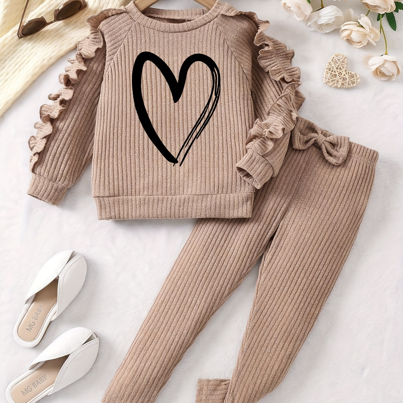 

2pcs/set, Frilled Long Sweatshirt Top + Trousers - /fall Outfit, , ,