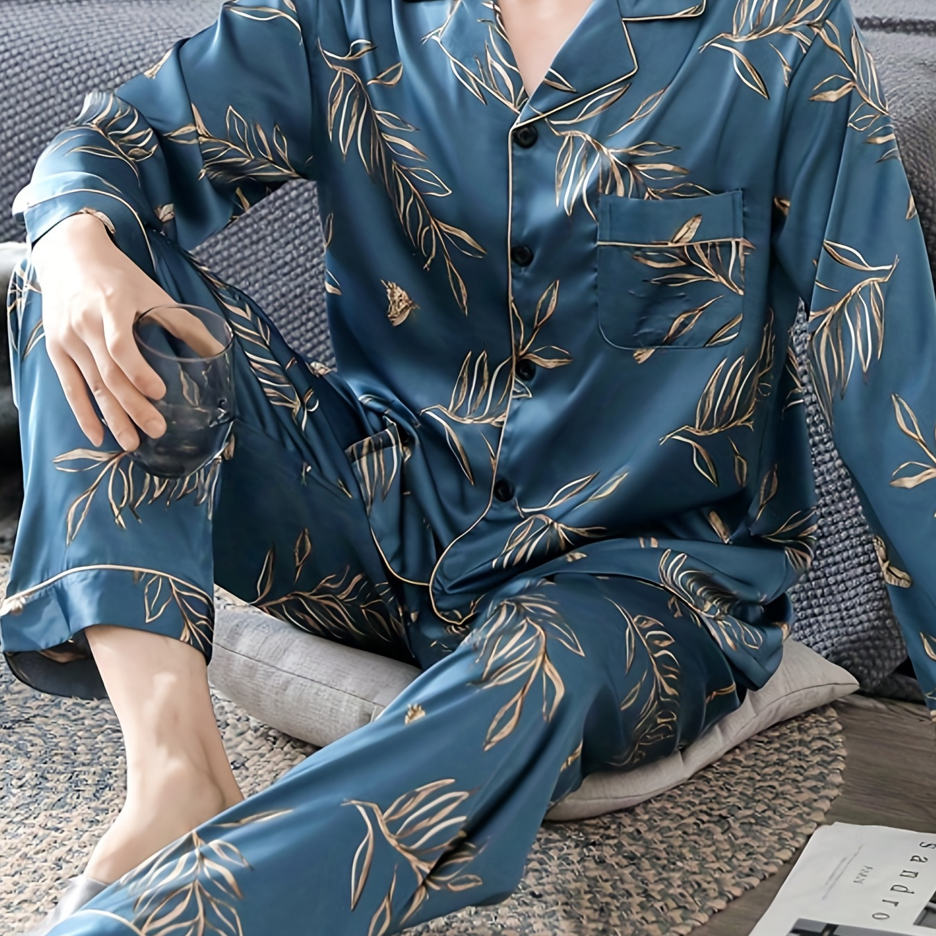 

Men's Ice Silk Leaf Print Fashion Loungewear Set For Spring Autumn, Long Sleeve Button Down Shirt Top & Long Pants Set, 2pcs Pajamas Set Casual Outfits