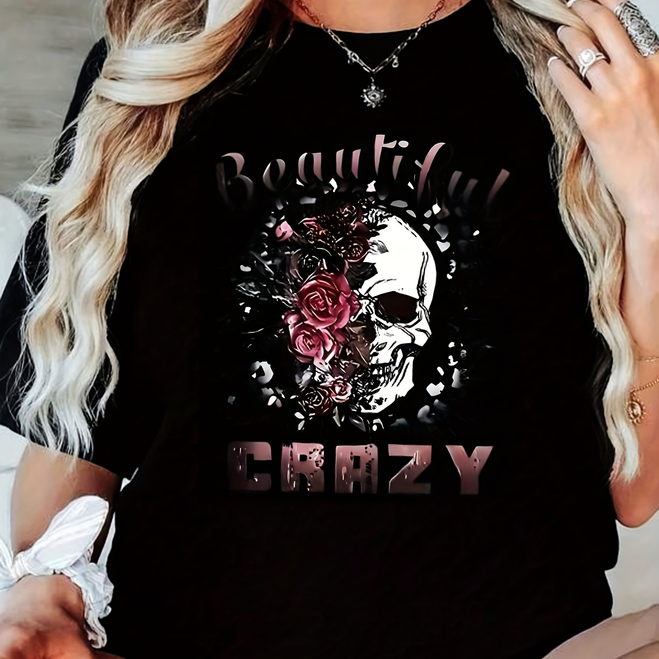 

Plus Size Floral Skull & Letter Print T-shirt, Casual Short Sleeve Top For Spring & Summer, Women's Plus Size Clothing
