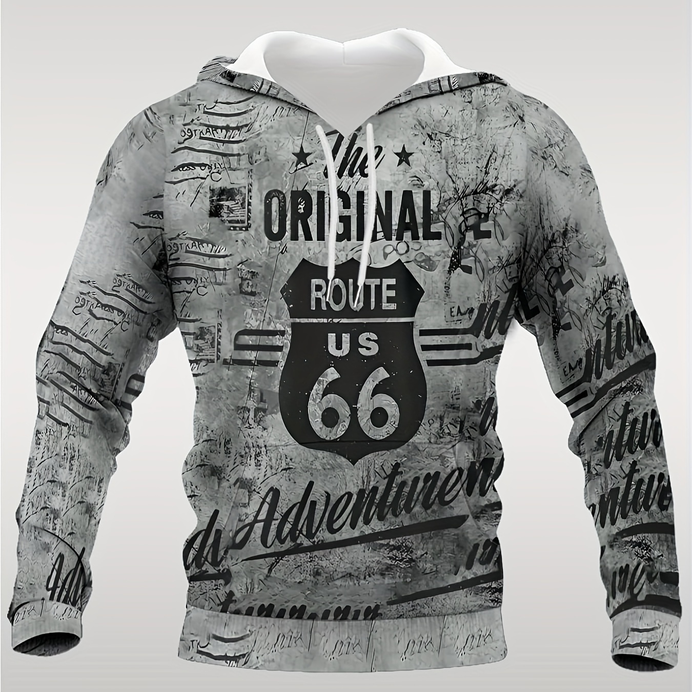 

Men's Casual Stretch Hoodie With 3d Route 66 Print - Cozy Polyester , Fall/winter