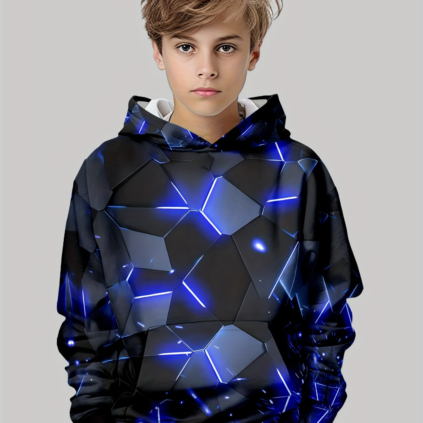 

Boys' Casual 3d Geometric Print Hoodie With Pocket, Polyester And Elastane Blend, Long Sleeve Crew Neck Pullover With Slight Stretch For - Fall/winter Season, Knit Fabric Hooded Sweatshirt