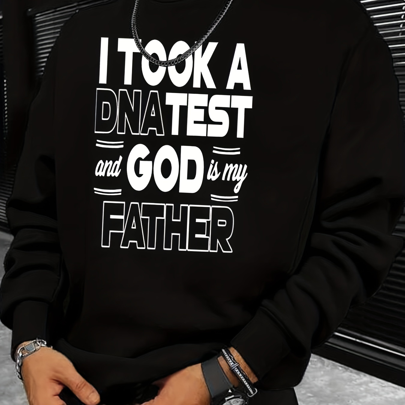 

God Is My Father Print Sweatshirt, Men's Casual Graphic Design Slightly Stretch Crew Neck Pullover Sweatshirt For Autumn Winter