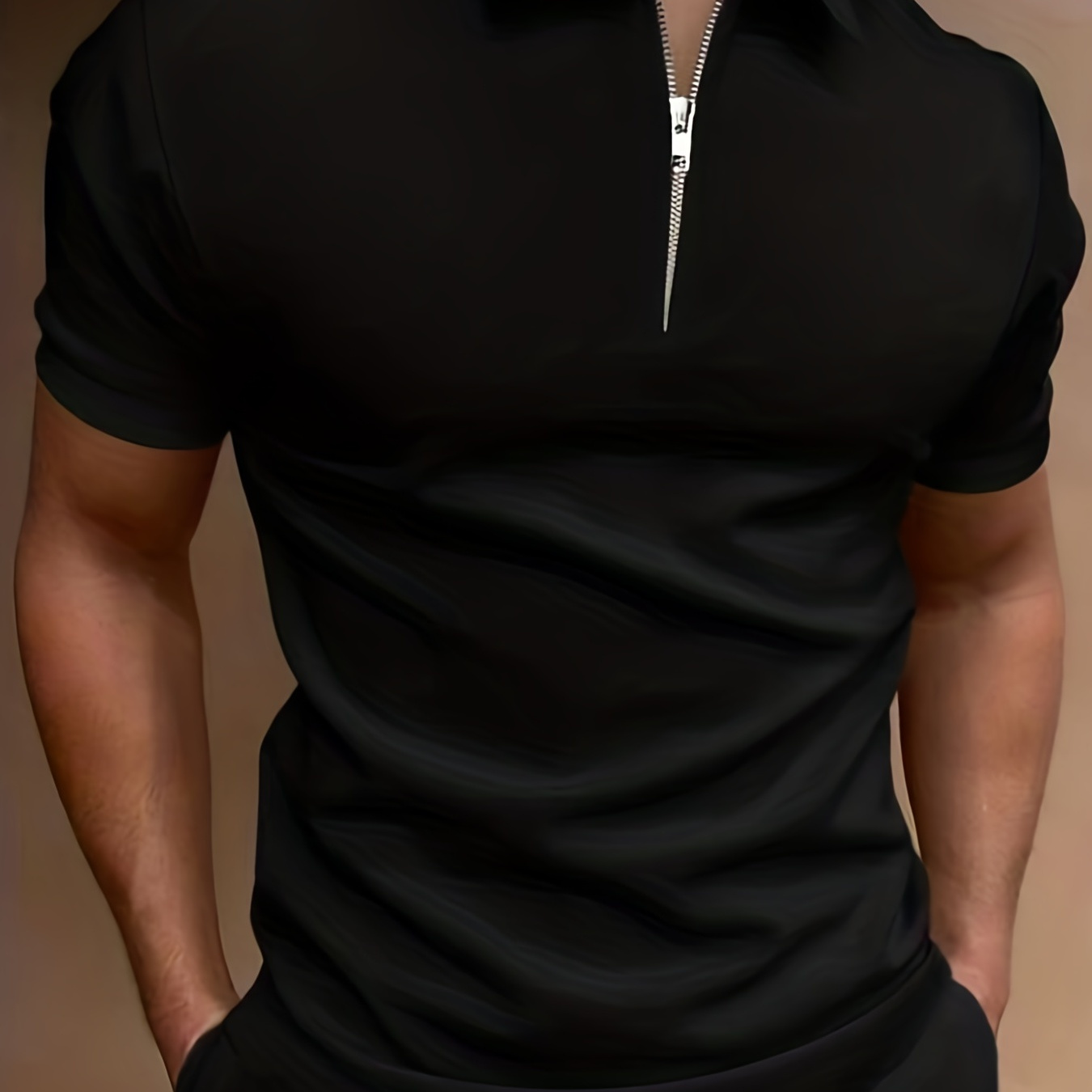 Classic Design Solid Color Men's Casual Short Sleeves Zipper Lapel Shirt, Men's Clothing For Summer