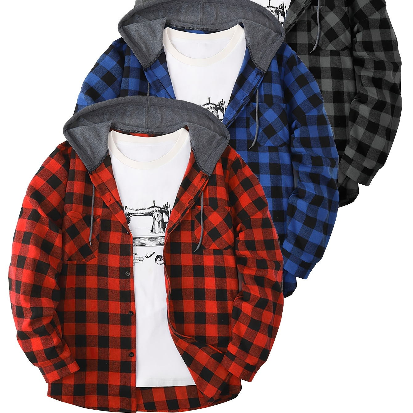 

3pcs Men's New Fashion Trendy Hat Shirt Hooded Sweatshirt Flannel Hoodie Sports Shirt Fashion Trend Hooded Cardigan