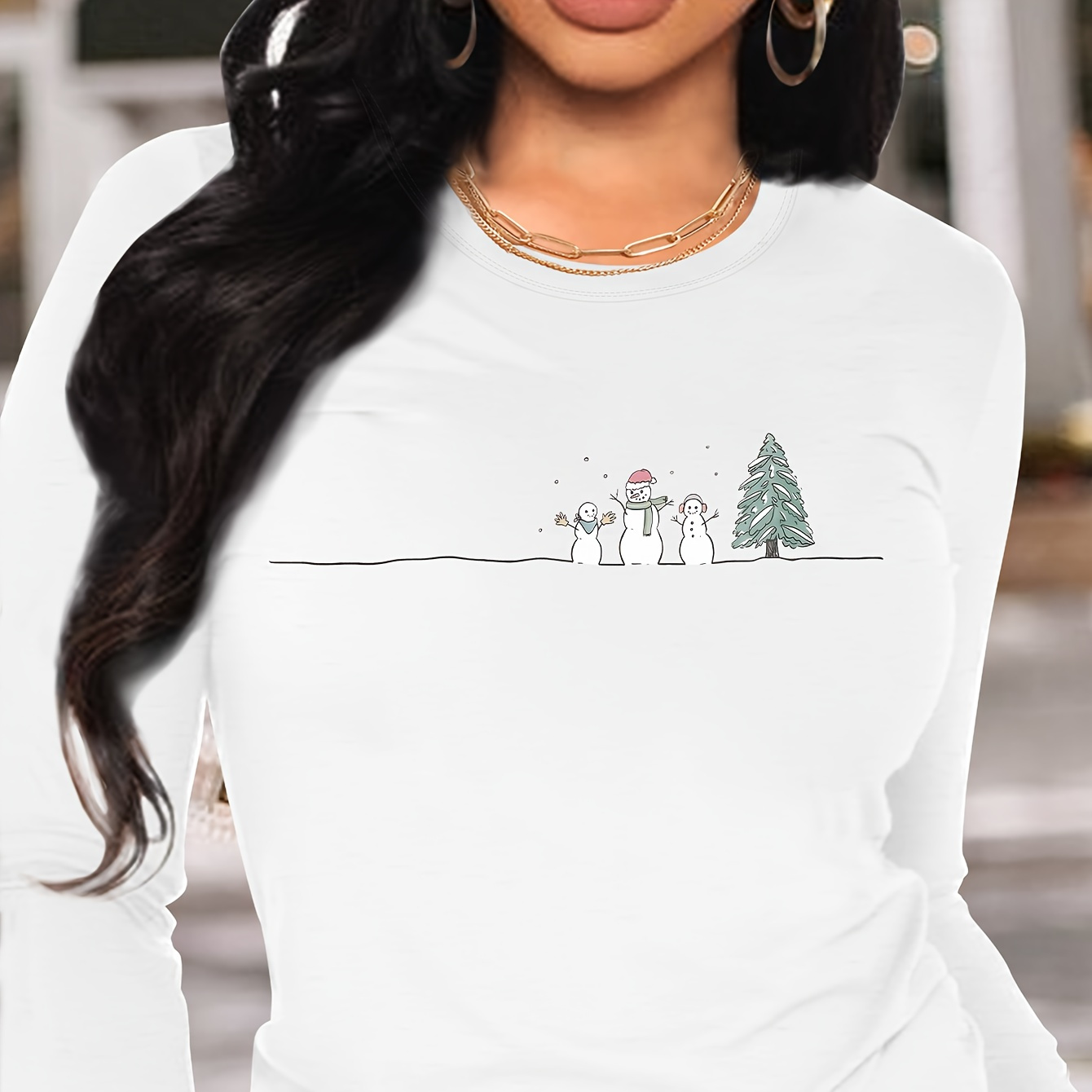 

Snowman Print T-shirt, Long Sleeve Crew Neck Casual Top For Spring & Fall, Women's Clothing