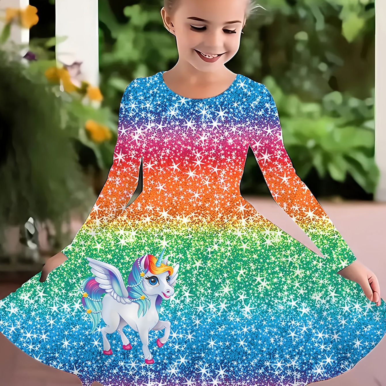 

Dreamy Cartoon Unicorn Print 3d Graphic Crew Neck Long Sleeve Dress For Girls Party Gift Outdoor