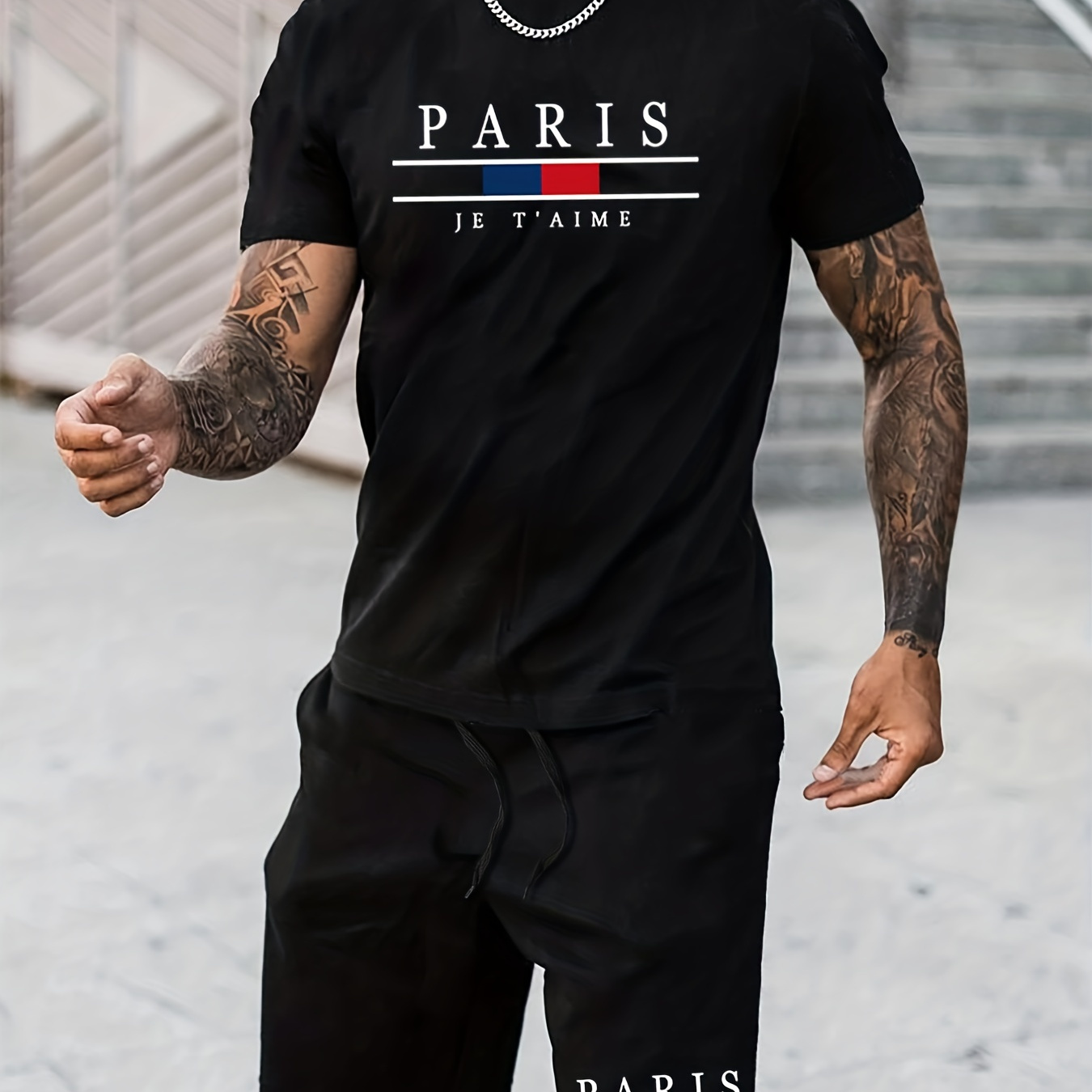 

Paris Print, Men's 2pcs Outfits, Casual Crew Neck Short Sleeve T-shirt And Drawstring Shorts Set For Summer, Men's Clothing Loungewear