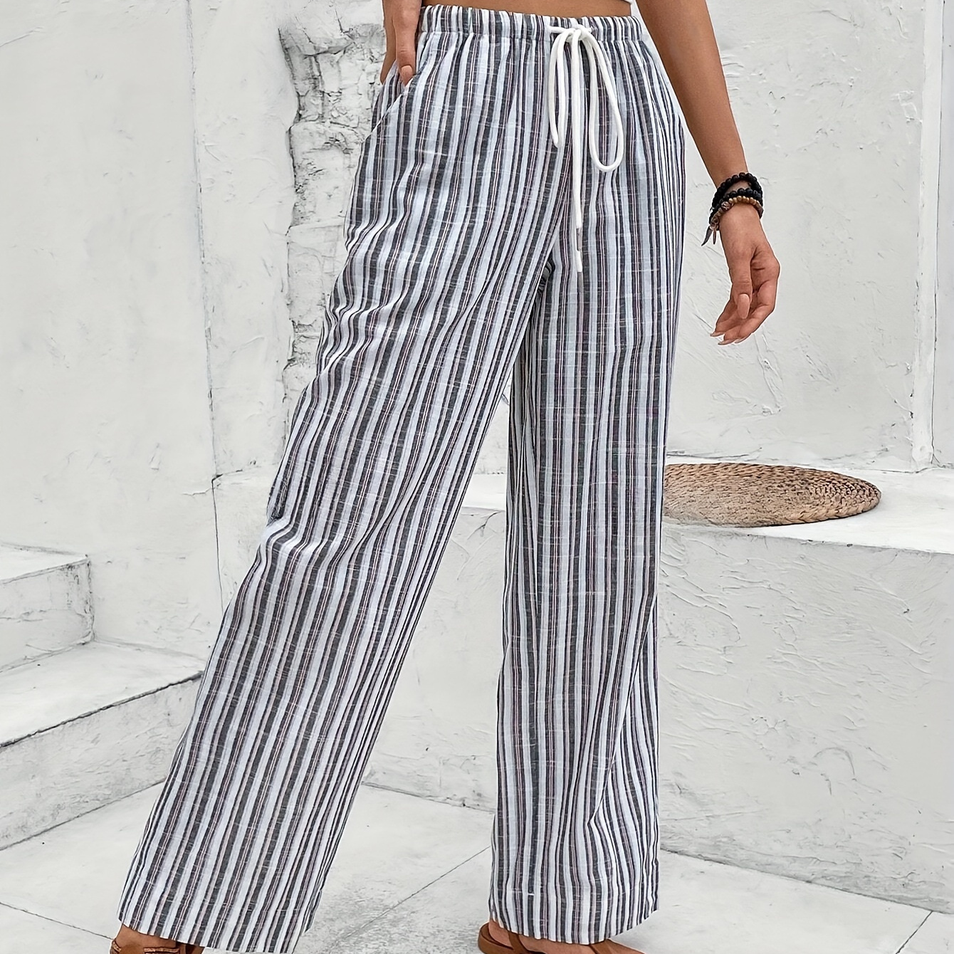 

Striped Drawstring Wist Wide Leg Pants, Casual & Versatile High Waist Pants For Spring & Summer, Women's Clothing