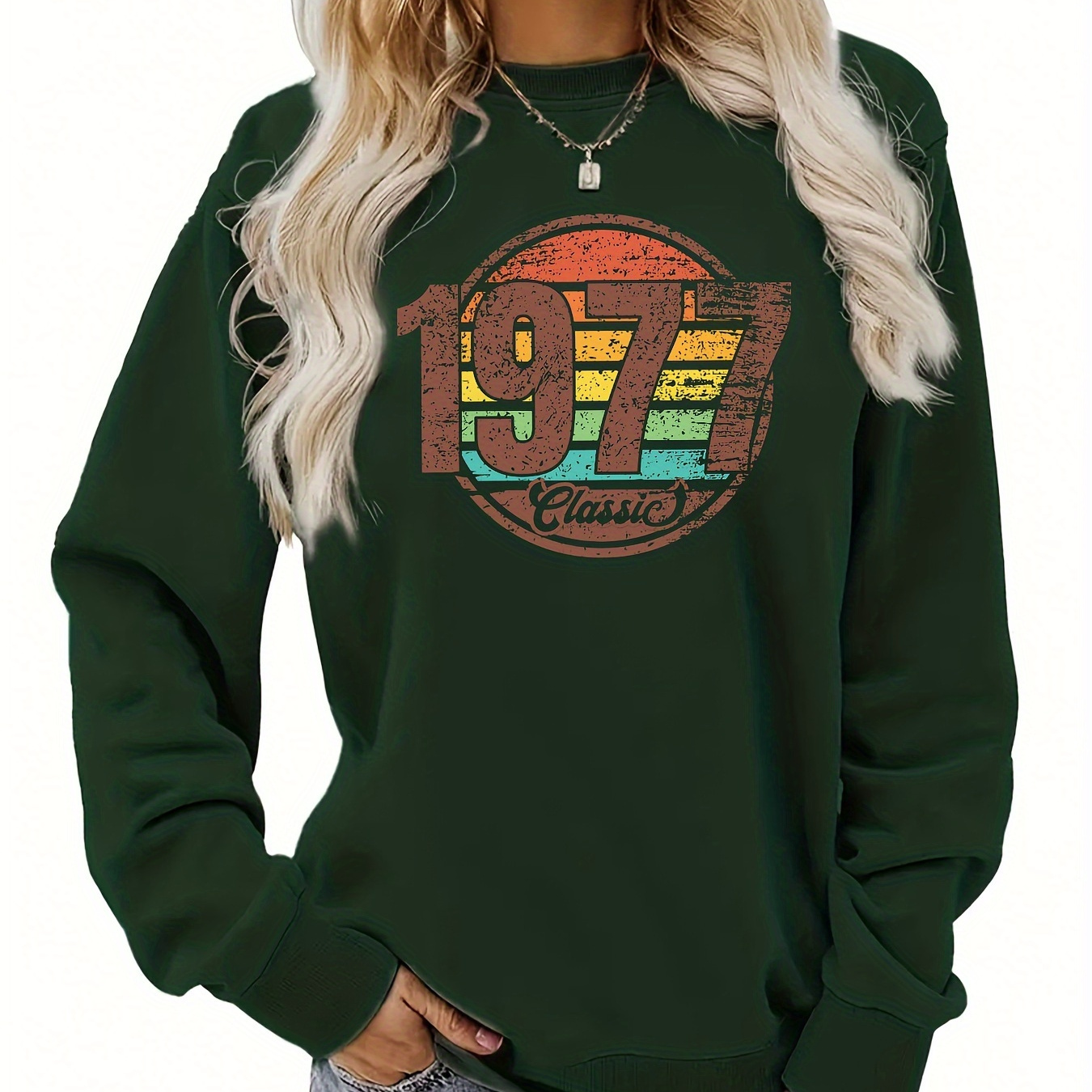 

1977 Print Pullover Sweatshirt, Casual Long Sleeve Crew Neck Sweatshirt For Fall & Winter, Women's Clothing