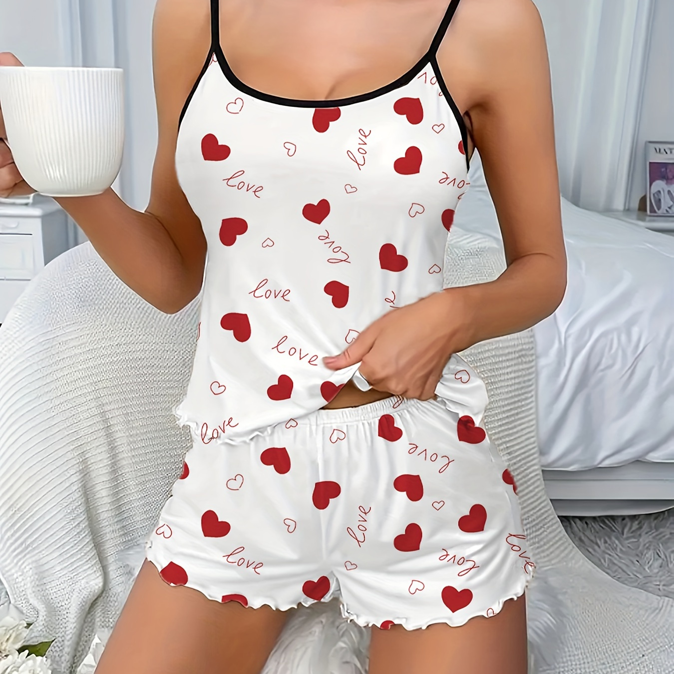 

Heart & Letter Print Frill Trim Pajama Set, Casual Round Neck Backless Cami Top & Elastic Shorts, Women's Sleepwear