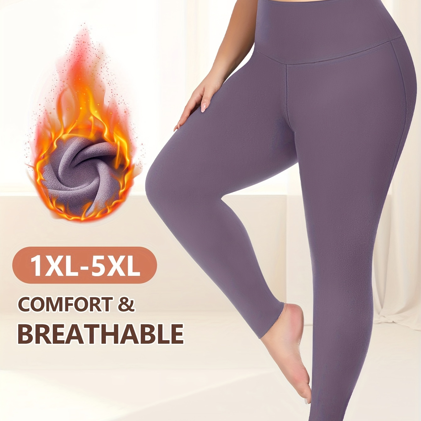 

1pc Plus Size Fleece-lined Thermal Leggings For Women, Polyester And Spandex , Medium Stretch, Solid Color, Knit Fabric, With 3 Quarter Length