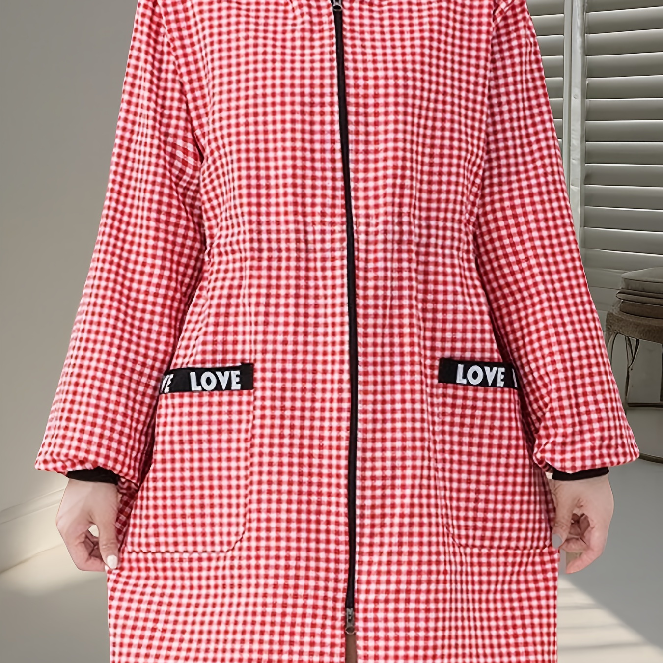 

Elegant Plaid Long-sleeve Hooded Jacket With Adjustable Waist Apron - Comfort Cotton Blend, Stain & Dust Resistant, Zip Closure For Home, Kitchen, Catering, Work Fashion