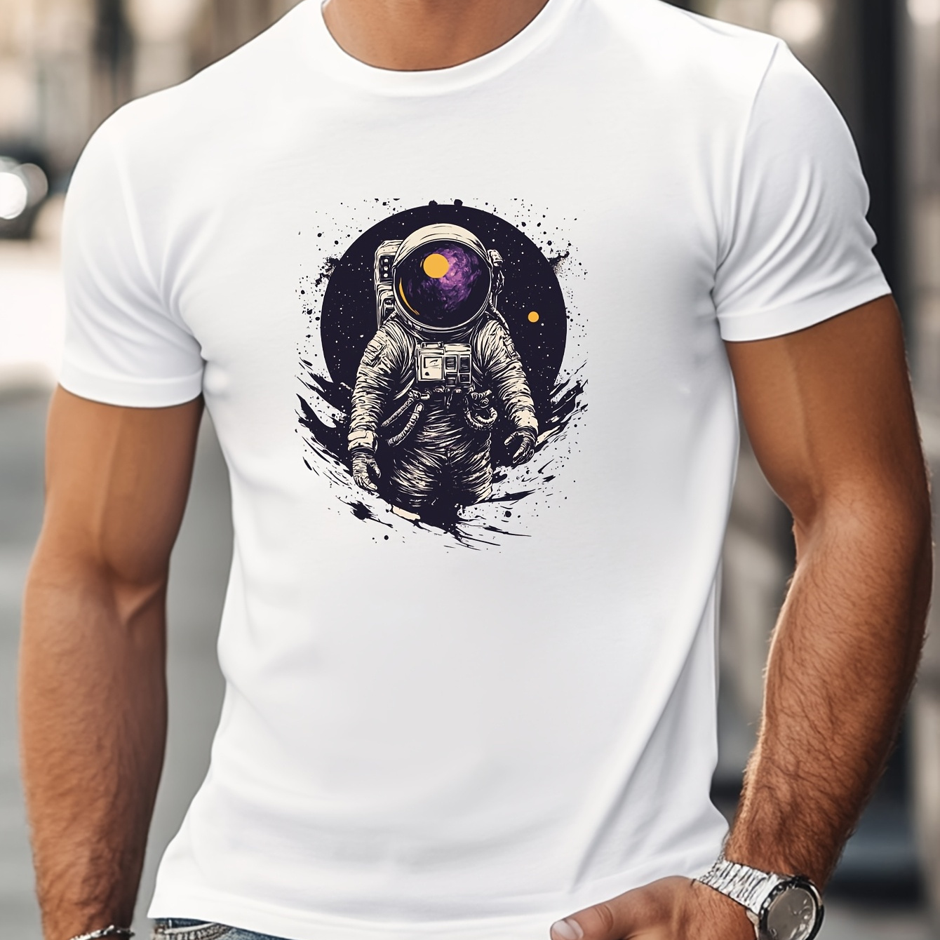 

Men's 100% Cotton Casual Short-sleeved Round Neck White T-shirt, American Trend Astronaut Print T-shirt, Summer Outdoor Men' Fitness Clothing