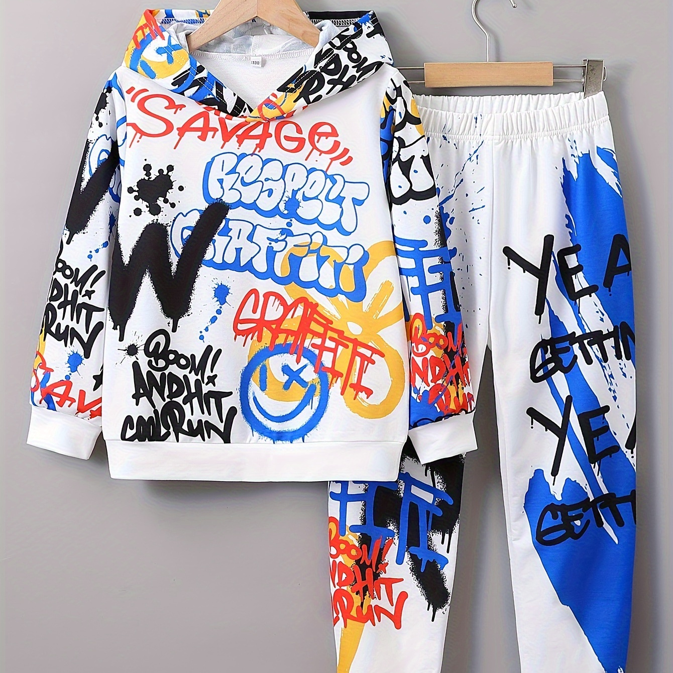 

Cool Letter Graffiti Print 2pcs Boys Casual Sweatsuit, Long Sleeve Hoodie & Sweatpants Set Boys Streetwear Sports Set