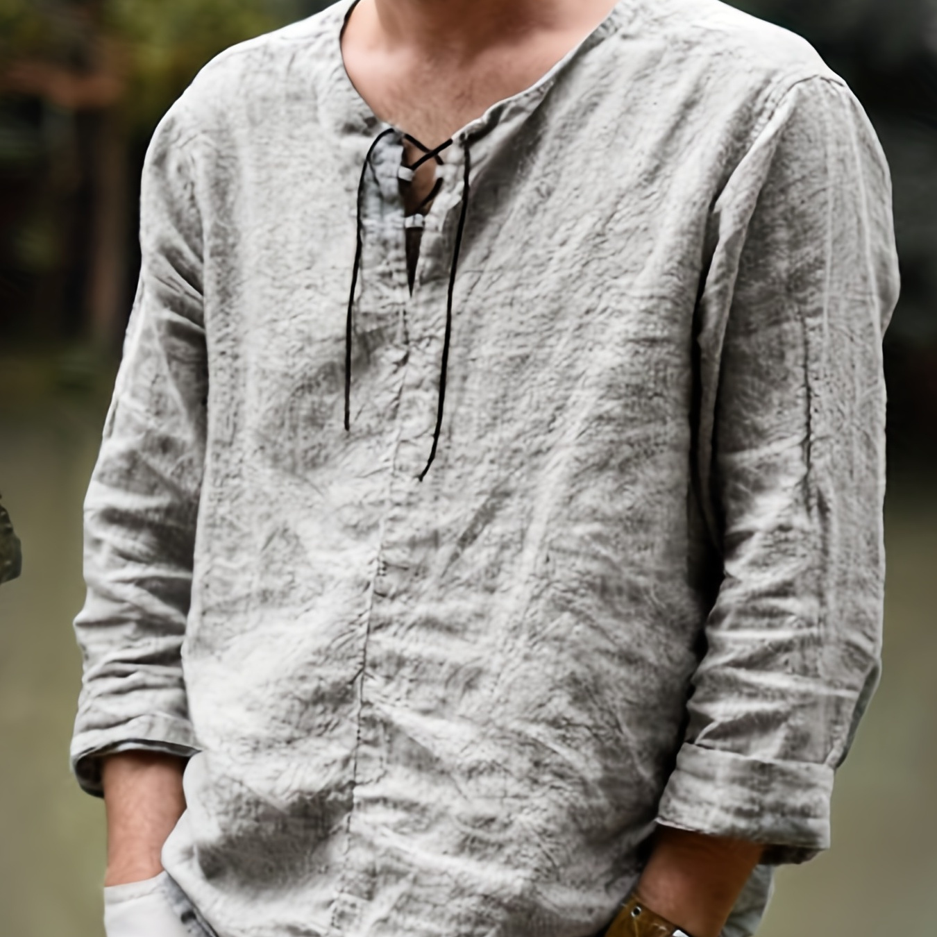 

Men's Solid Splice V-neck Drawstring T-shirt, Oversized Loose Cotton Long-sleeved For Summer, Plus Size