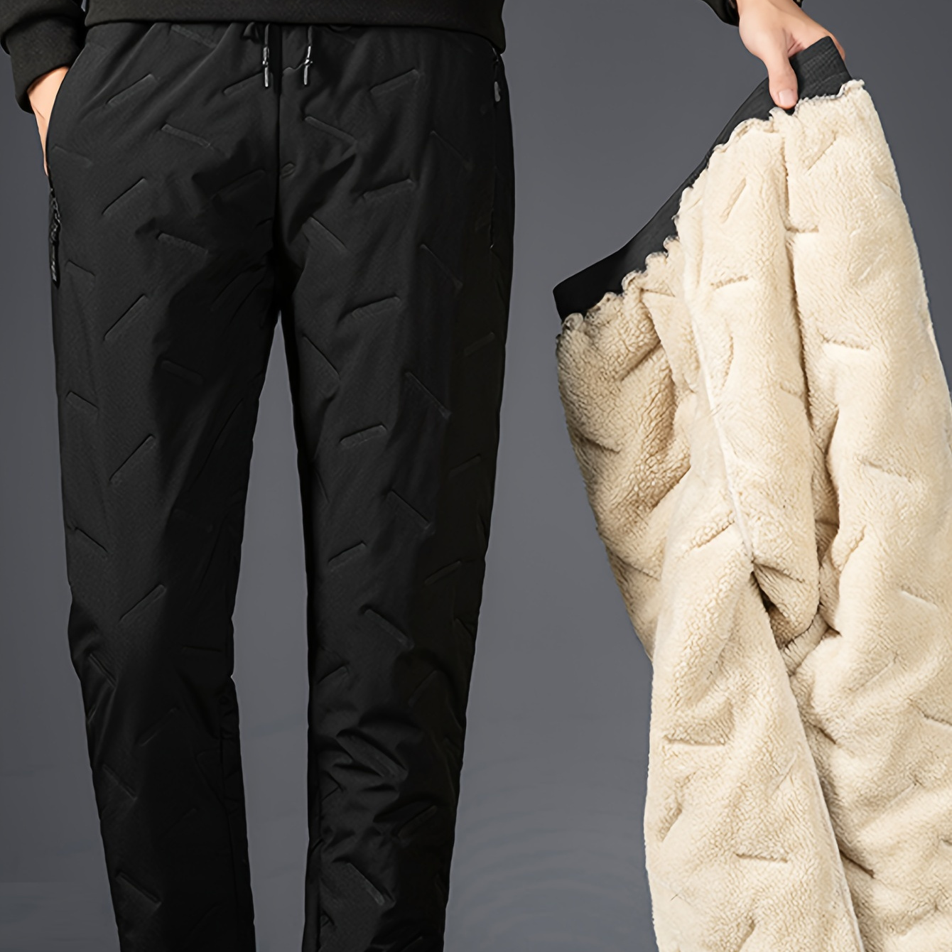 Warm Zipper Pocket Padded Trousers, Men's Casual Solid Color Waist  Drawstring Pants For Fall Winter