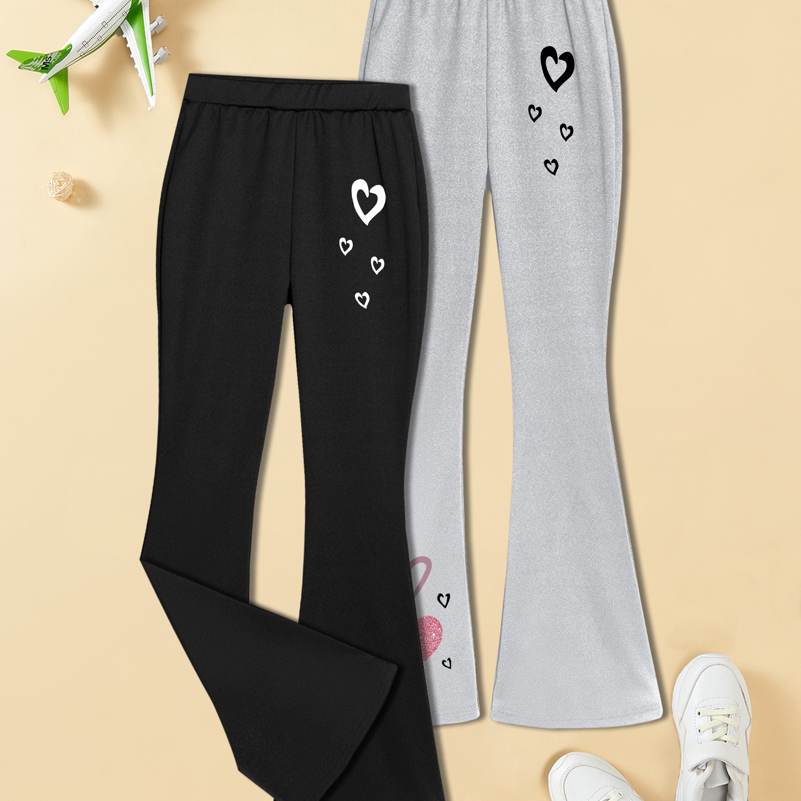 

Multiple Pieces - Girl's 2 Pcs Casual Comfy Straight-leg Knit Stretch Flared Pants With Fashion Simple Hearts Graphic Print For Daily And Outdoor Wear, Autumn And Winter