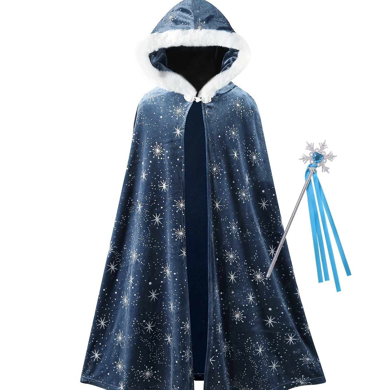 

3pcs Windproof Trendy Girls Snowflake Graphic Hooded Cloak + Crown + Magic Wand Set For Party Performance Birthday Gift For 6-9y