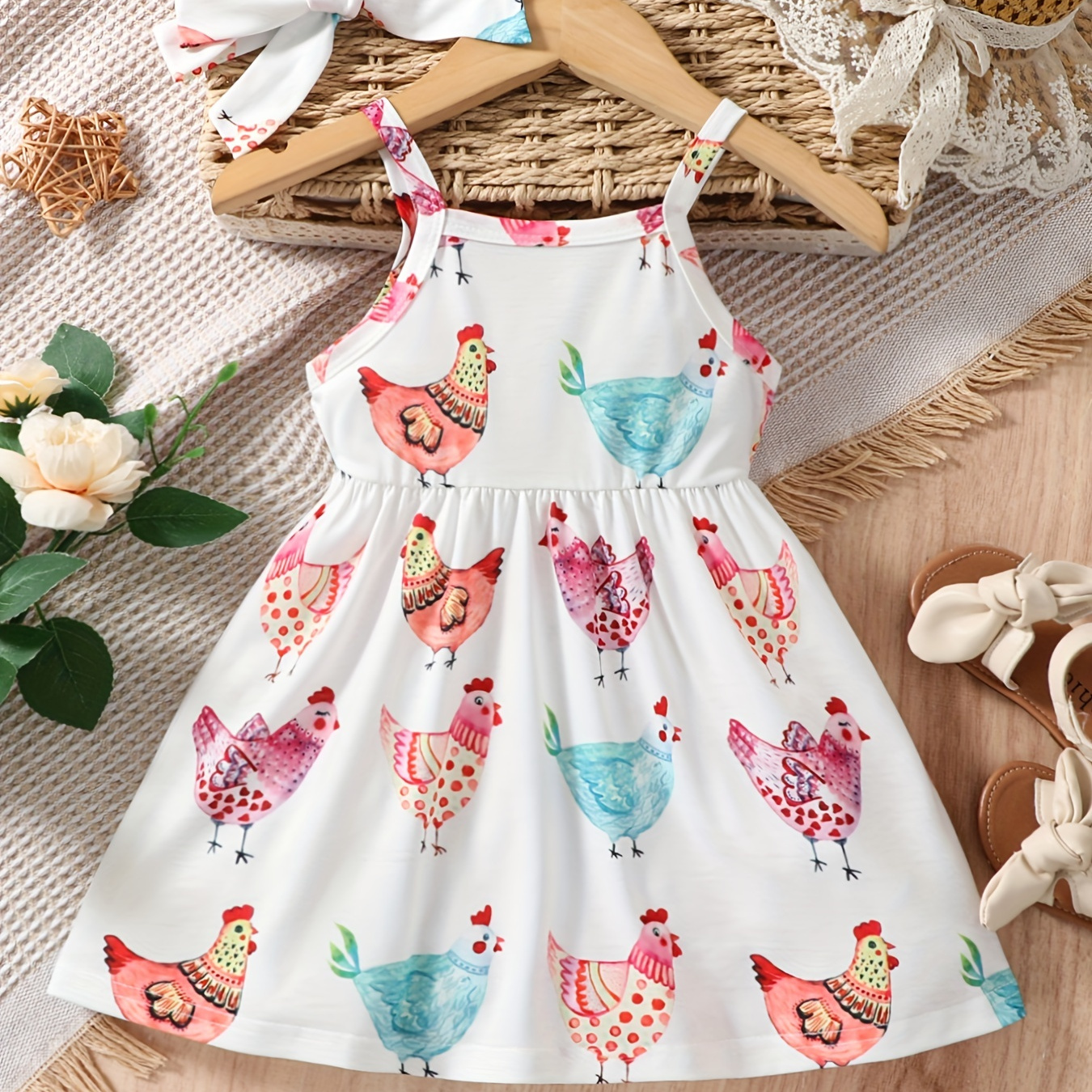 

2pcs Baby Girls Cute Hen Graphic Print Sleeveless Cami Dress & Headband Set Clothes