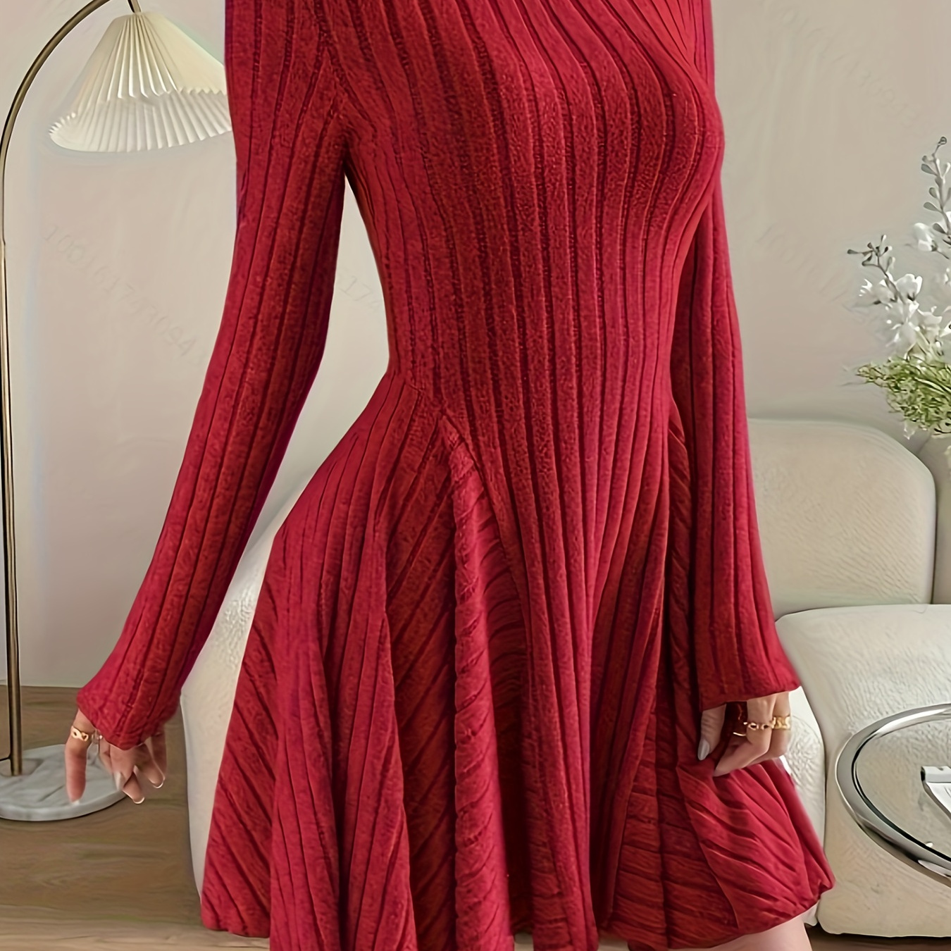 

Solid Crew Neck A-line Dress, Elegant Long Sleeve Dress For Spring & Fall, Women's Clothing