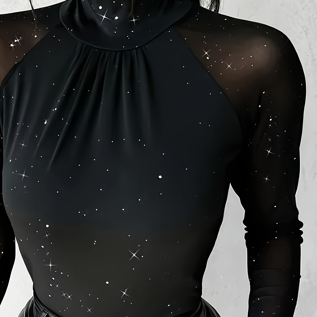 

Elegant Women' Starry Sheer Mesh High Neck Top, Polyester Knit Fabric, Long Sleeve T-shirt With Medium Stretch & Asymmetrical Detail