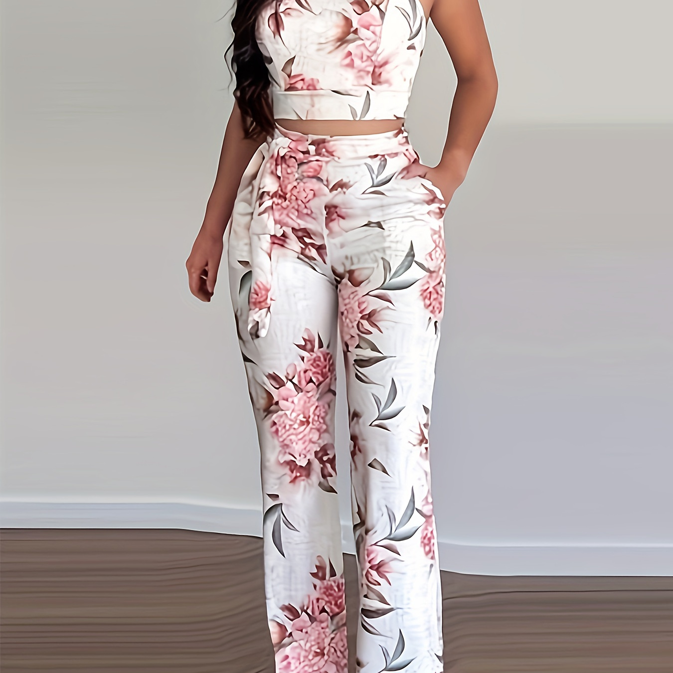 

Ensemble Deux Pièces Élégant À Imprimé Floral, Top Cami À Nouer Dans Le Dos Et Pantalon Assorti, Vêtements Pour Femmes