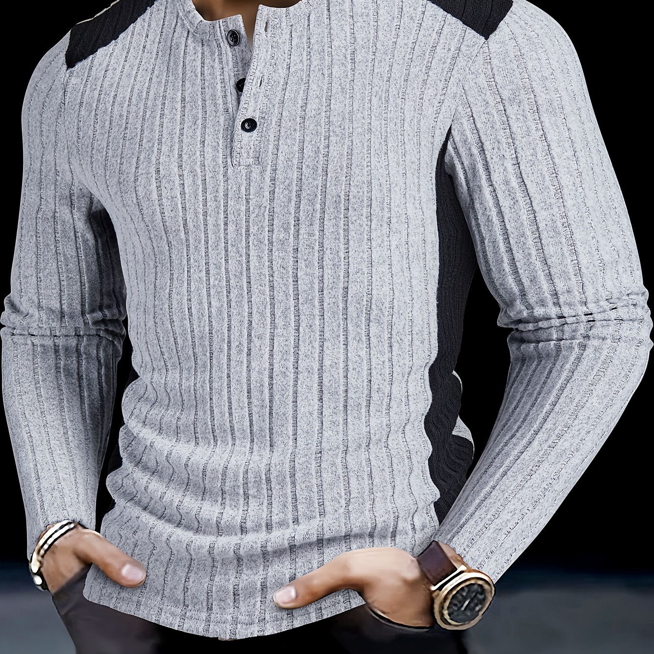 

Men's Slim-fit Ribbed Henley Shirt - Casual Long Sleeve With Button Detail, Stretch Polyester , Machine Washable For Outdoor & Casual Attire, Casual Outdoor Apparel| Henley|knitted Fabric