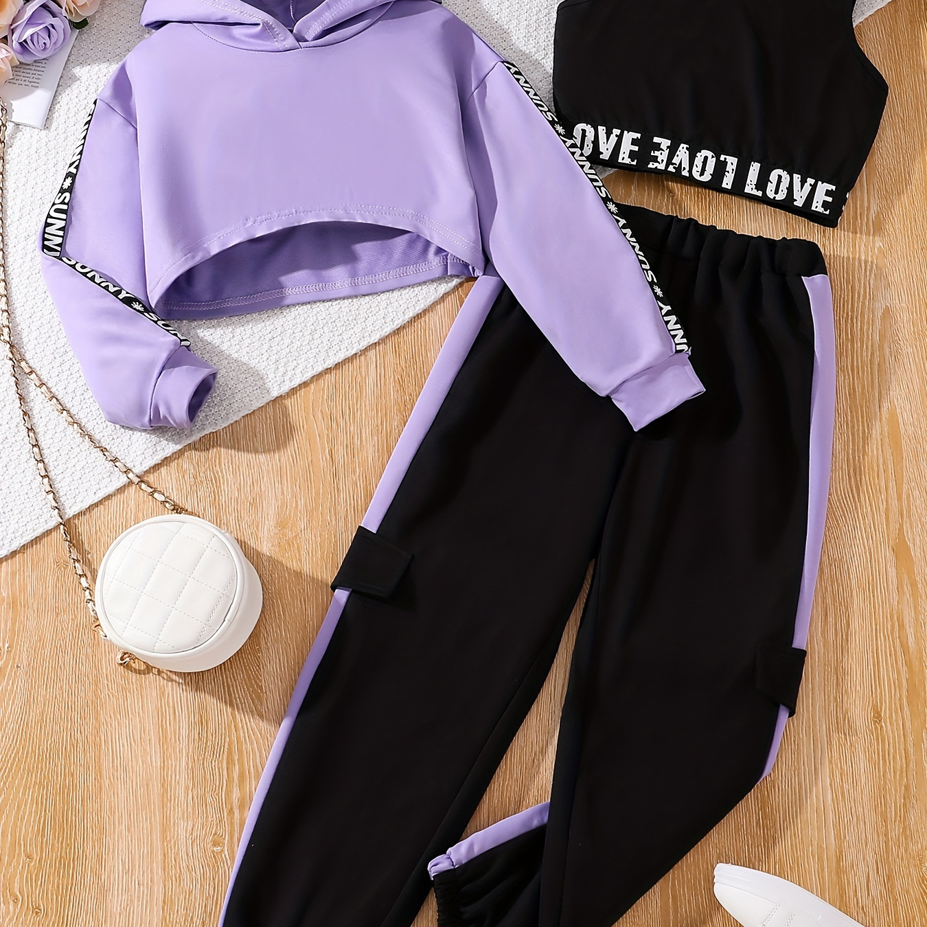 TEMU Sportwear 3-piece Girl's Letter Taping Hoodie + Tank + Jogger Trousers Set - Versatile Comfy For Casual Wear, Gift Idea