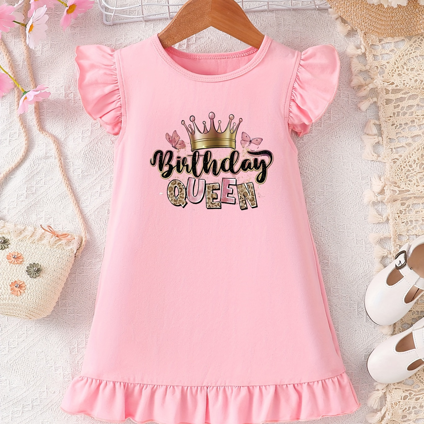

Birthday Queen And Crown Graphic Print, Short Sleeve Crew Neck Ruffle Trim Cotton T-shirt Dress For Summer, Casual Clothing For Baby Girls, As Gifts