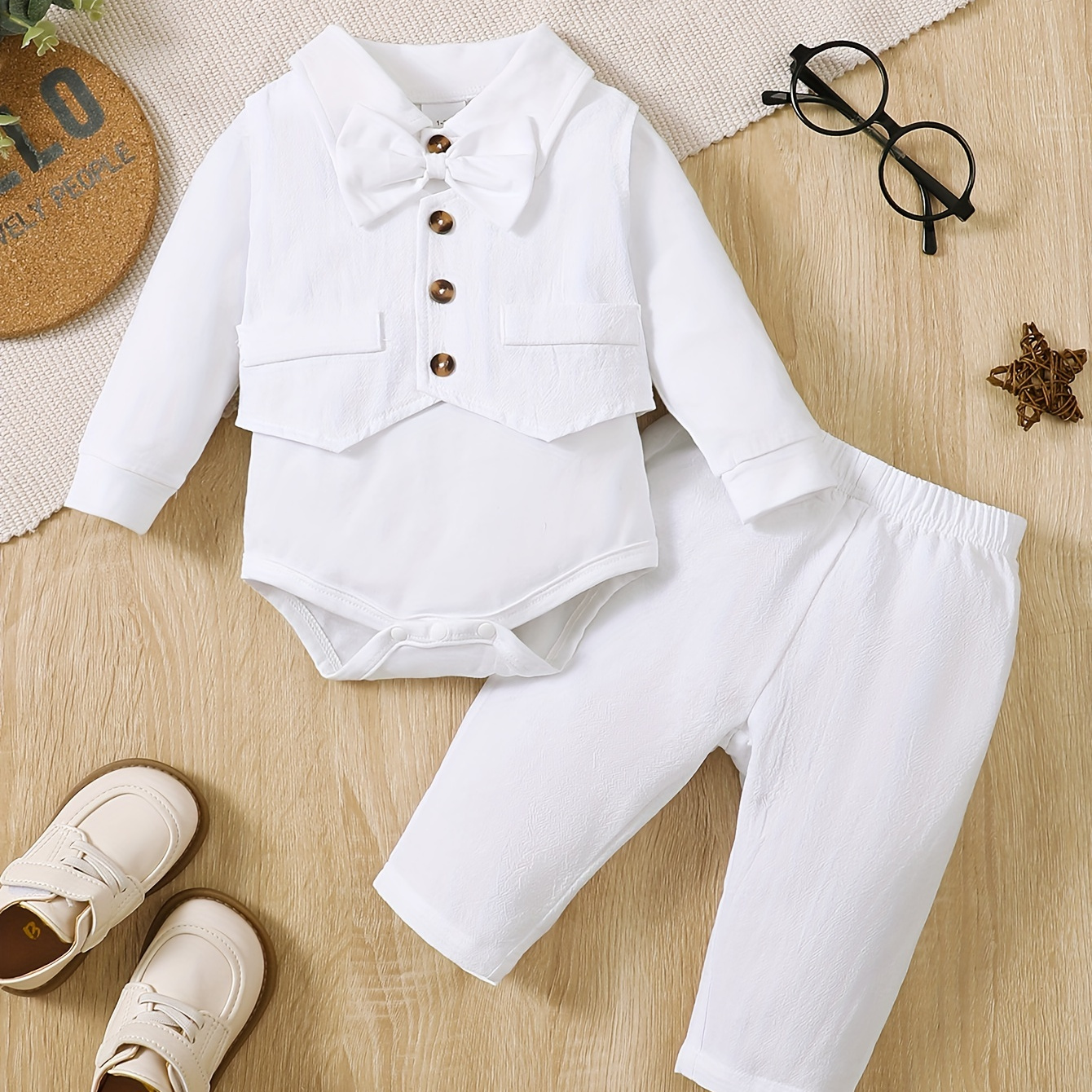 

Charming 's Formal White Cotton Bodysuit With Long Sleeves, Buttoned Vest, And Pants - Perfect For Fall/winter Seasons