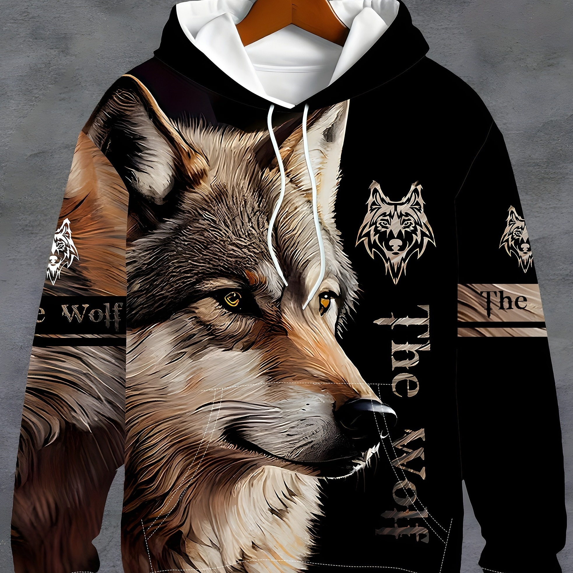 

Men's Plus Size Fashion Hoodie With Wolf Print - Casual Drawstring Pullover, Polyester , Machine Washable, Plus Size