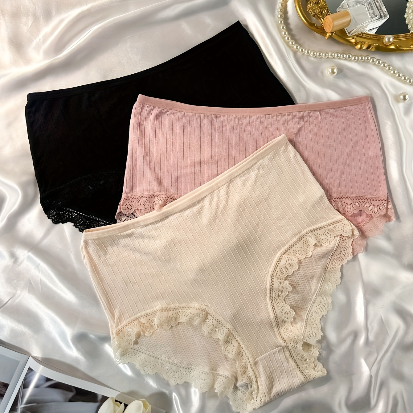 

3pcs Women's Plus Elegant Panties, Plus Size Ribbed Contrast Lace Seamless Comfy & Breathable Briefs